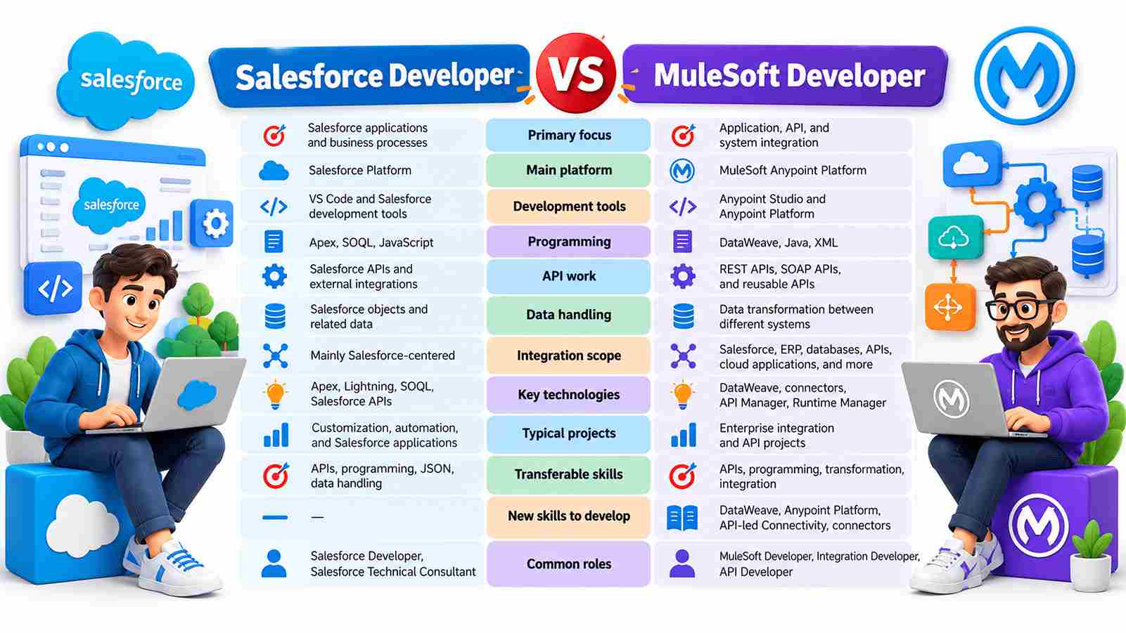 Salesforce Developer vs MuleSoft Developer comparison chart covering tools, APIs, programming, integration, skills, and roles.